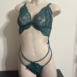 Victoria Secret Lingerie Teddy One Piece Bodysuit XL Dark Green Shine Strap NWT